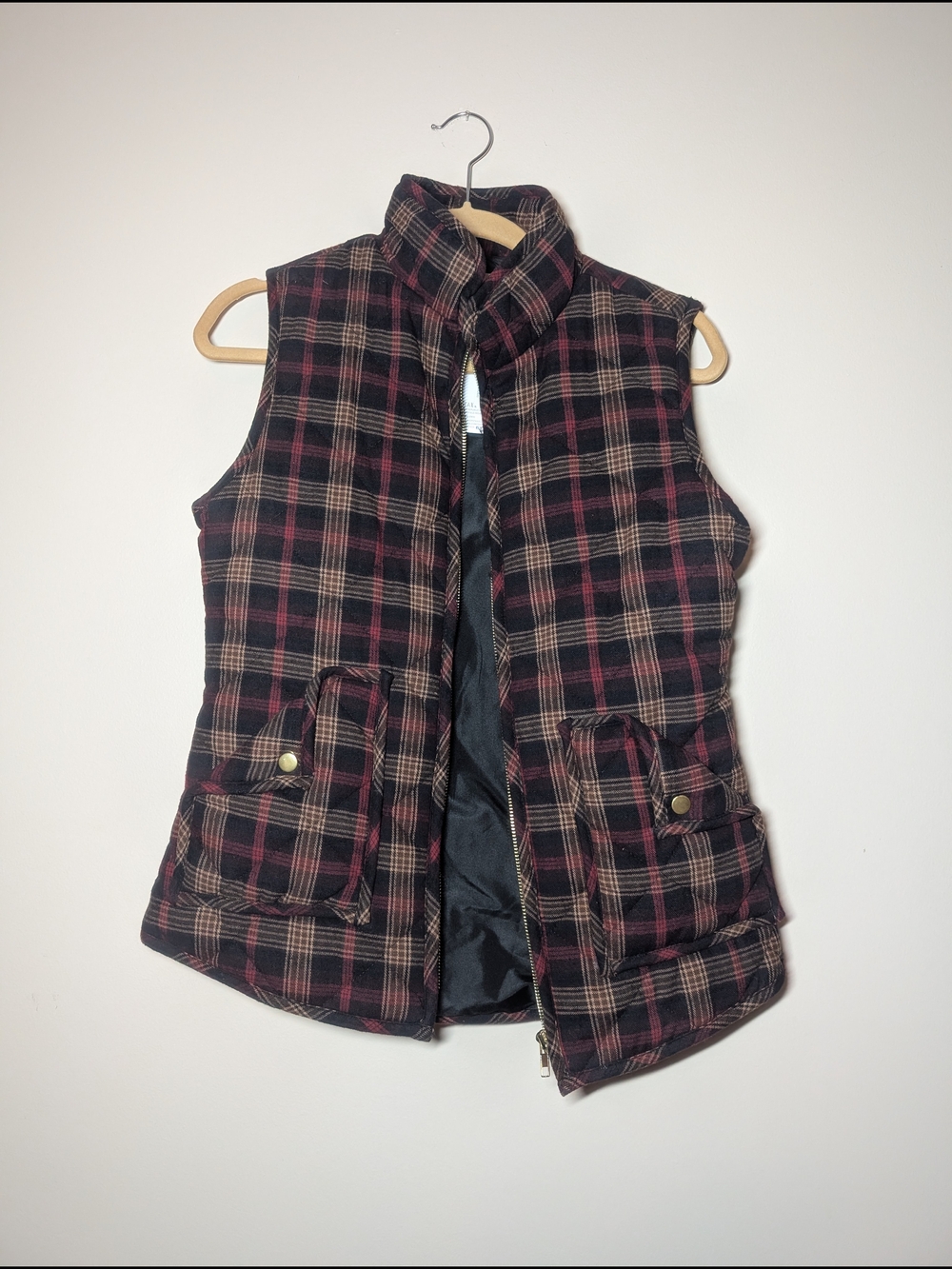 Tea n Rose Black Red Brown Plaid Quilted Vest Women's Small